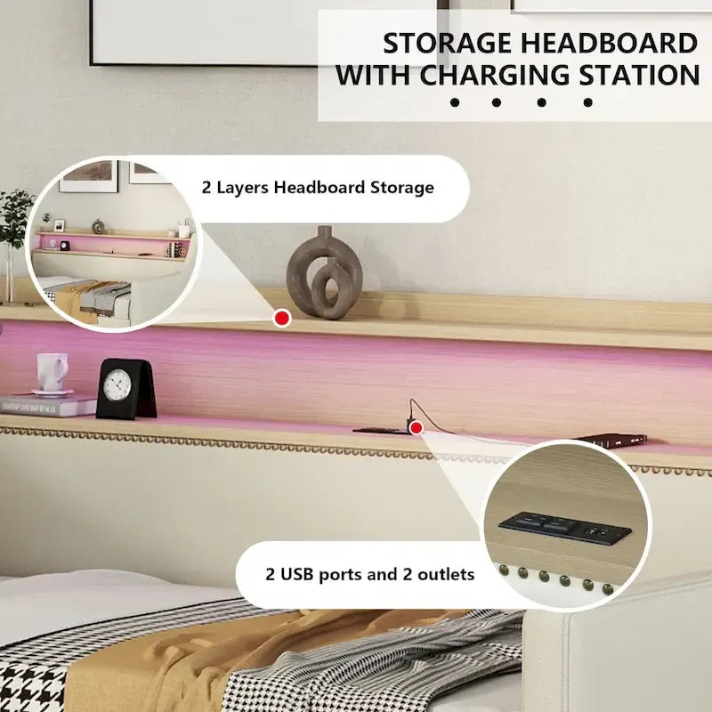 Lit de repos simple en cuir synthétique blanc/beige/gris avec tête de lit de rangement, lumières LED et station de charge, pour 1 personne