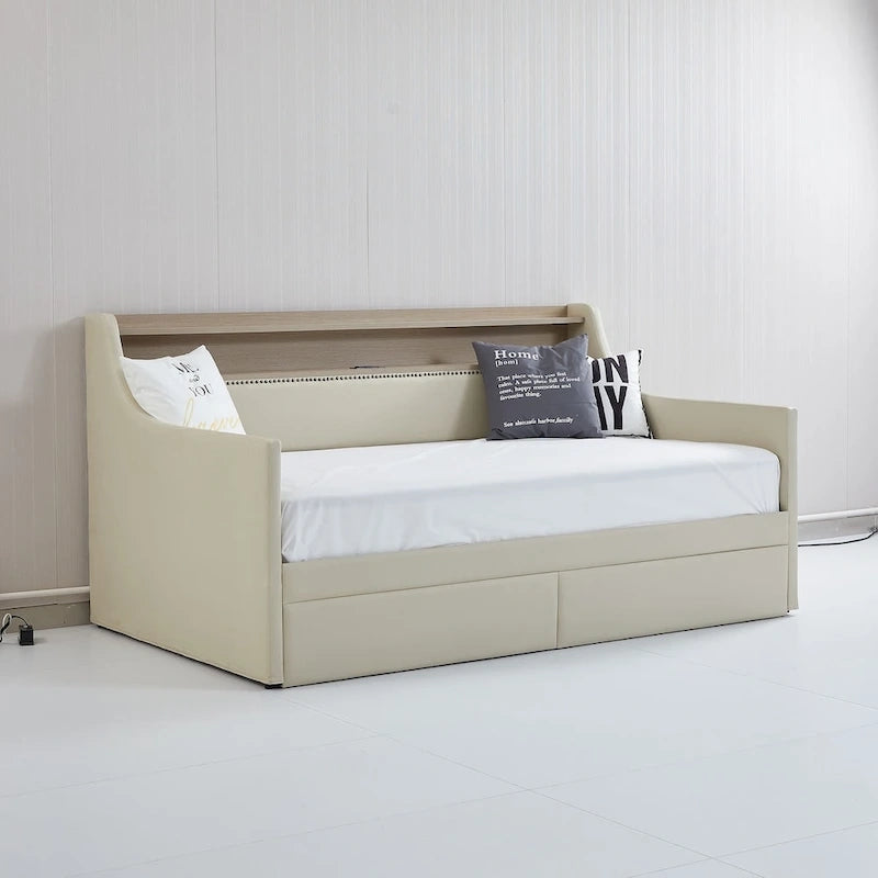 Lit de repos simple en cuir synthétique blanc/beige/gris avec tête de lit de rangement, lumières LED et station de charge, pour 1 personne