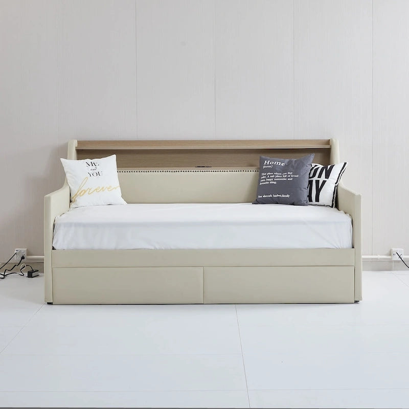 Lit de repos simple en cuir synthétique blanc/beige/gris avec tête de lit de rangement, lumières LED et station de charge, pour 1 personne