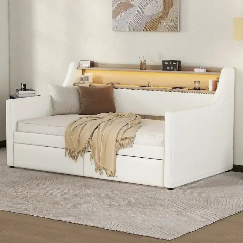 Lit de repos simple en cuir synthétique blanc/beige/gris avec tête de lit de rangement, lumières LED et station de charge, pour 1 personne