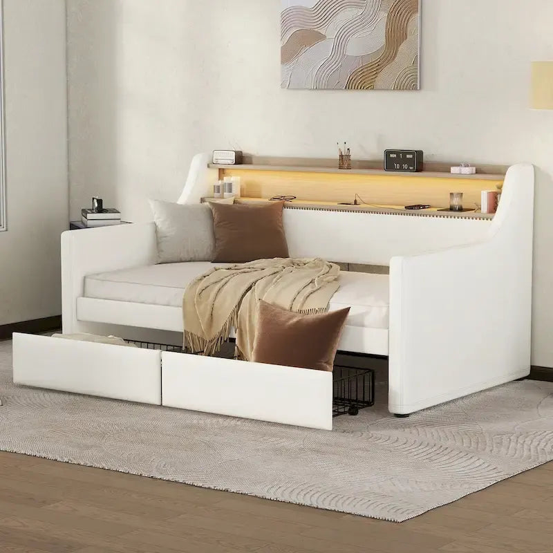 Lit de repos simple en cuir synthétique blanc/beige/gris avec tête de lit de rangement, lumières LED et station de charge, pour 1 personne
