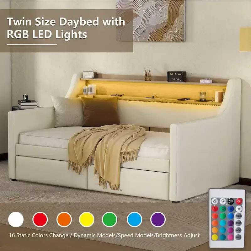 Lit de repos simple en cuir synthétique blanc/beige/gris avec tête de lit de rangement, lumières LED et station de charge, pour 1 personne