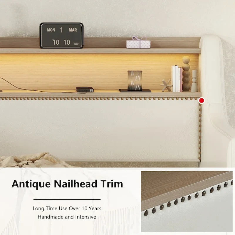 Lit de repos simple en cuir synthétique blanc/beige/gris avec tête de lit de rangement, lumières LED et station de charge, pour 1 personne