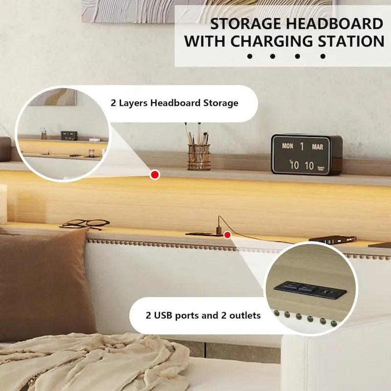 Lit de repos simple en cuir synthétique blanc/beige/gris avec tête de lit de rangement, lumières LED et station de charge, pour 1 personne