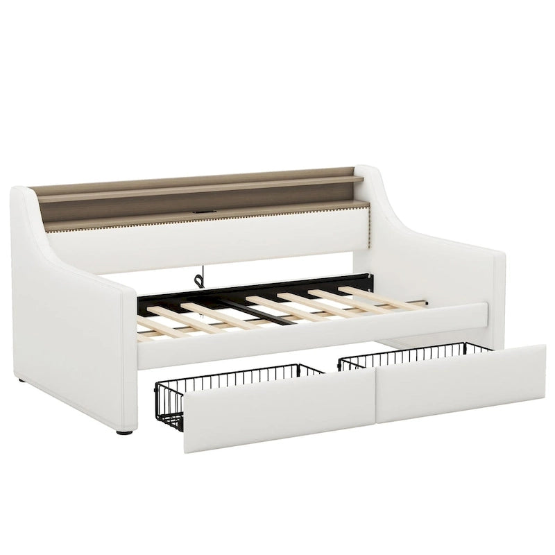 Lit de repos simple en cuir synthétique blanc/beige/gris avec tête de lit de rangement, lumières LED et station de charge, pour 1 personne