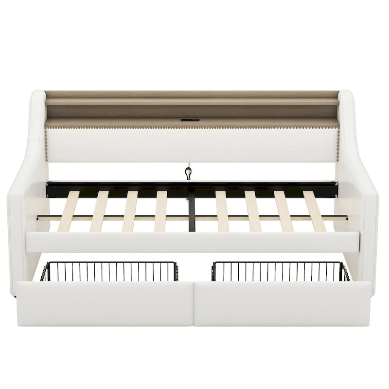 Lit de repos simple en cuir synthétique blanc/beige/gris avec tête de lit de rangement, lumières LED et station de charge, pour 1 personne