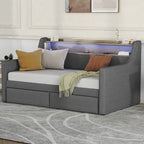 Lit de repos simple en cuir synthétique blanc/beige/gris avec tête de lit de rangement, lumières LED et station de charge, pour 1 personne