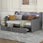 Lit de repos simple en cuir synthétique blanc/beige/gris avec tête de lit de rangement, lumières LED et station de charge, pour 1 personne