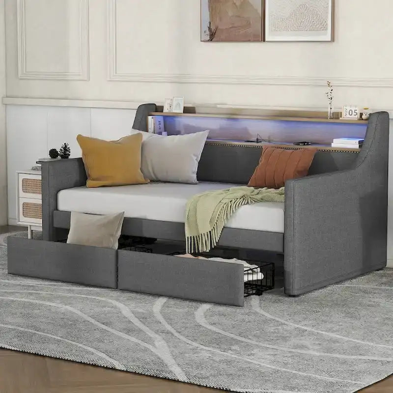 Lit de repos simple en cuir synthétique blanc/beige/gris avec tête de lit de rangement, lumières LED et station de charge, pour 1 personne