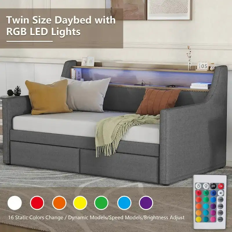 Lit de repos simple en cuir synthétique blanc/beige/gris avec tête de lit de rangement, lumières LED et station de charge, pour 1 personne
