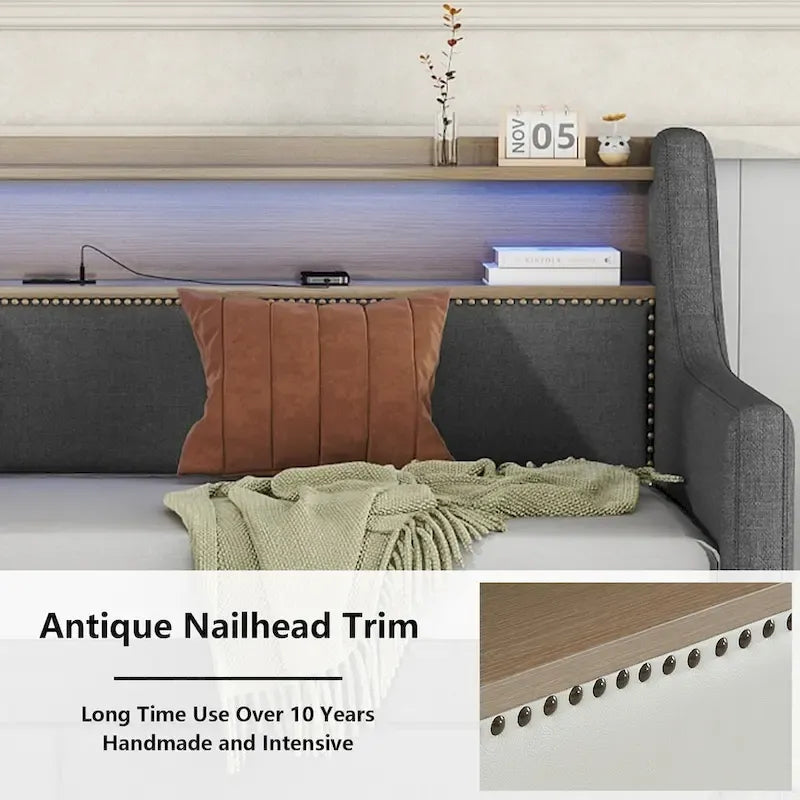 Lit de repos simple en cuir synthétique blanc/beige/gris avec tête de lit de rangement, lumières LED et station de charge, pour 1 personne