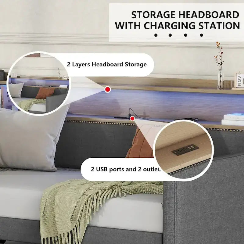 Lit de repos simple en cuir synthétique blanc/beige/gris avec tête de lit de rangement, lumières LED et station de charge, pour 1 personne
