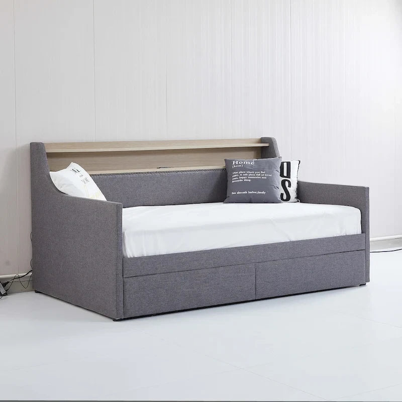 Lit de repos simple en cuir synthétique blanc/beige/gris avec tête de lit de rangement, lumières LED et station de charge, pour 1 personne