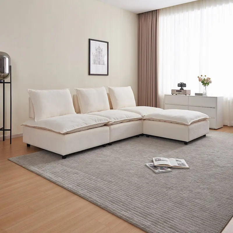 Fauteuil d'appoint sans accoudoirs en chenille orange/gris/vert/beige avec pouf, 1 place