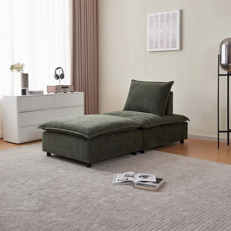 Fauteuil d'appoint sans accoudoirs en chenille orange/gris/vert/beige avec pouf, 1 place