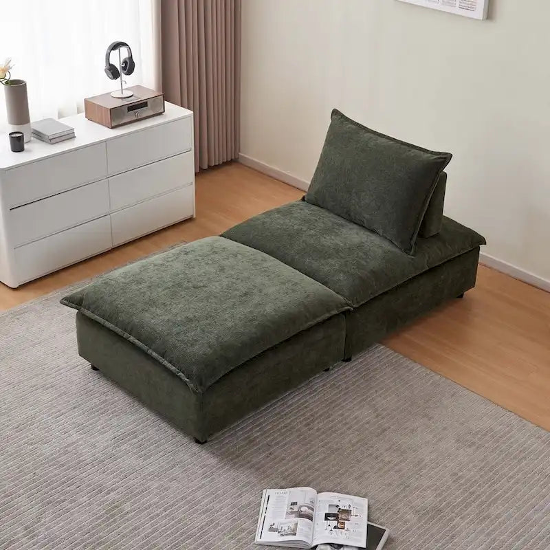 Fauteuil d'appoint sans accoudoirs en chenille orange/gris/vert/beige avec pouf, 1 place