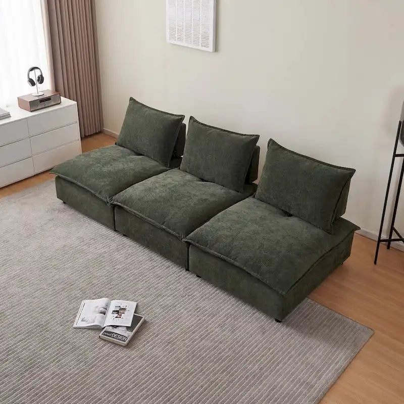 Fauteuil d'appoint sans accoudoirs en chenille orange/gris/vert/beige avec pouf, 1 place