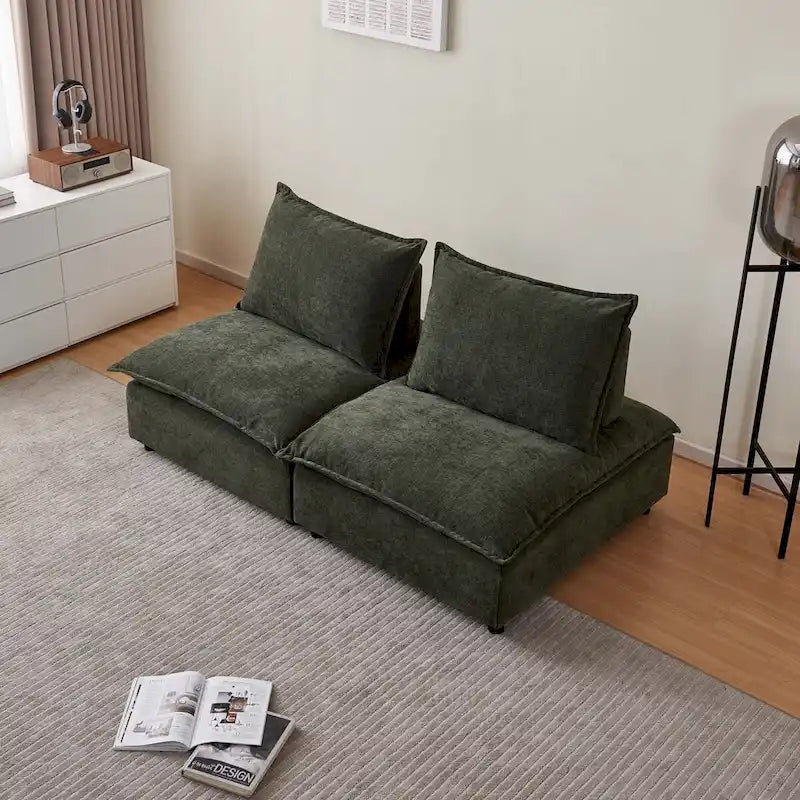 Fauteuil d'appoint sans accoudoirs en chenille orange/gris/vert/beige avec pouf, 1 place