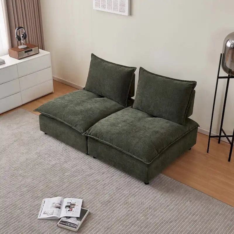 Fauteuil d'appoint sans accoudoirs en chenille orange/gris/vert/beige avec pouf, 1 place