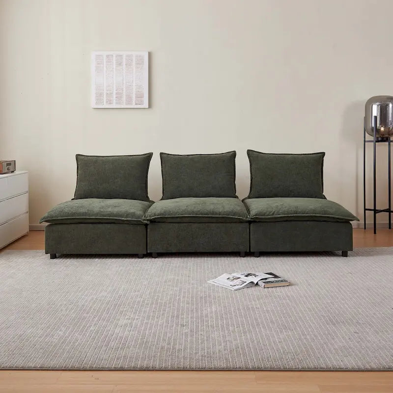 Fauteuil d'appoint sans accoudoirs en chenille orange/gris/vert/beige avec pouf, 1 place