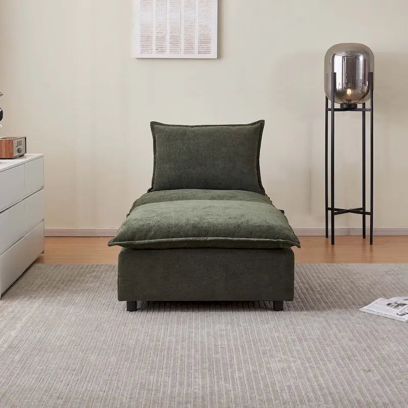 Fauteuil d'appoint sans accoudoirs en chenille orange/gris/vert/beige avec pouf, 1 place