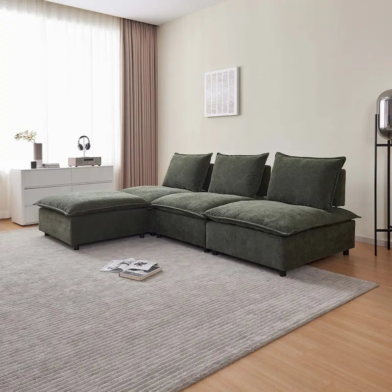 Fauteuil d'appoint sans accoudoirs en chenille orange/gris/vert/beige avec pouf, 1 place
