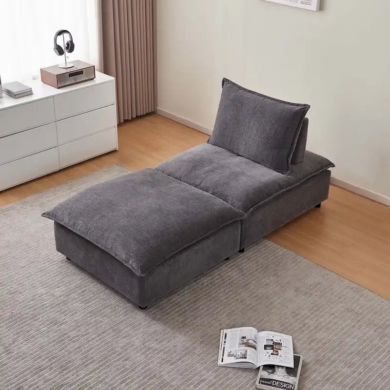 Fauteuil d'appoint sans accoudoirs en chenille orange/gris/vert/beige avec pouf, 1 place