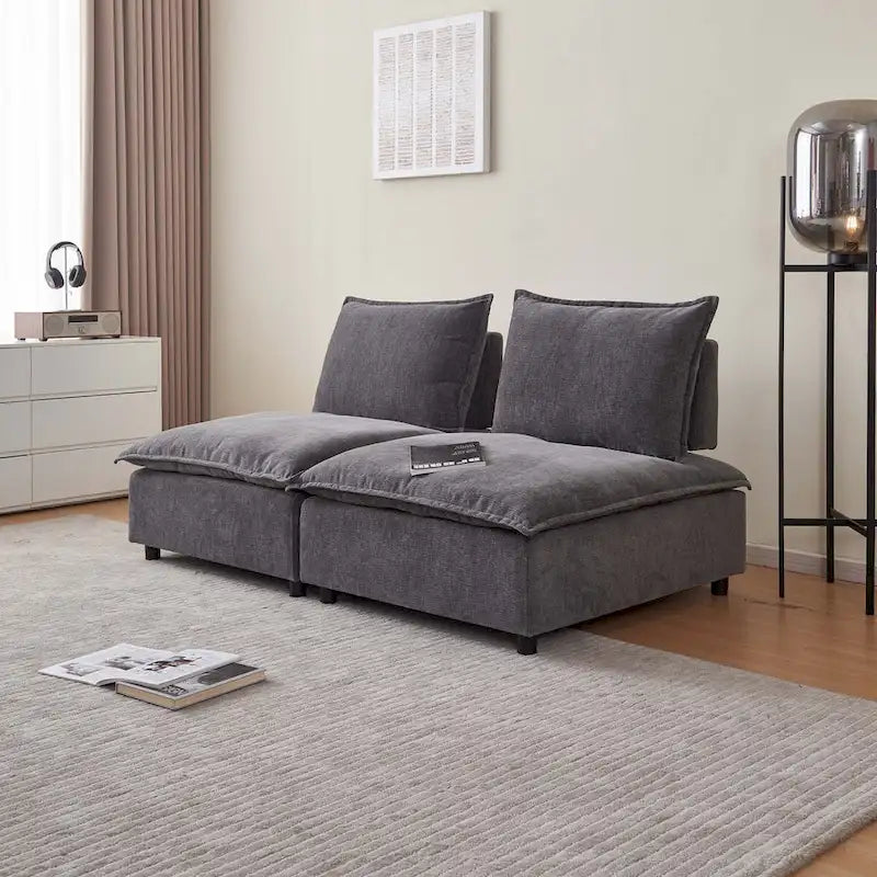 Fauteuil d'appoint sans accoudoirs en chenille orange/gris/vert/beige avec pouf, 1 place