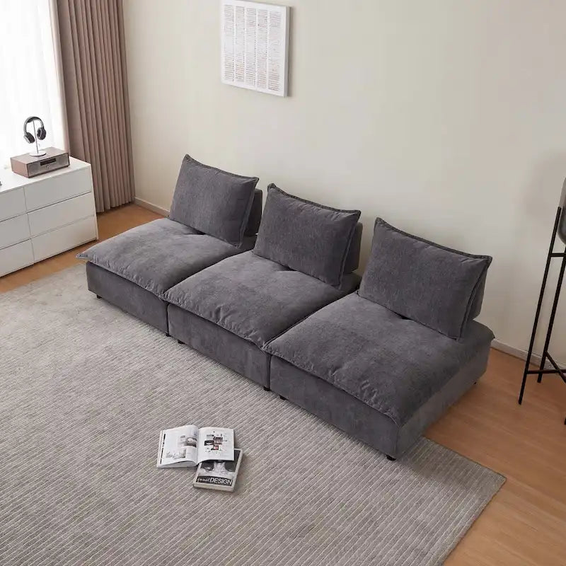 Fauteuil d'appoint sans accoudoirs en chenille orange/gris/vert/beige avec pouf, 1 place