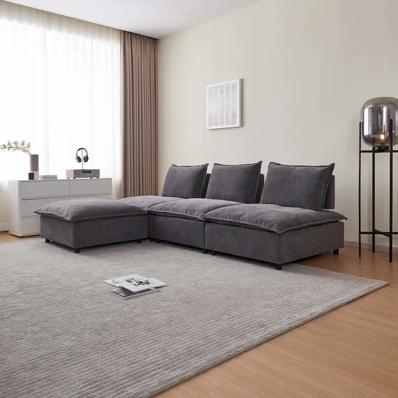 Fauteuil d'appoint sans accoudoirs en chenille orange/gris/vert/beige avec pouf, 1 place