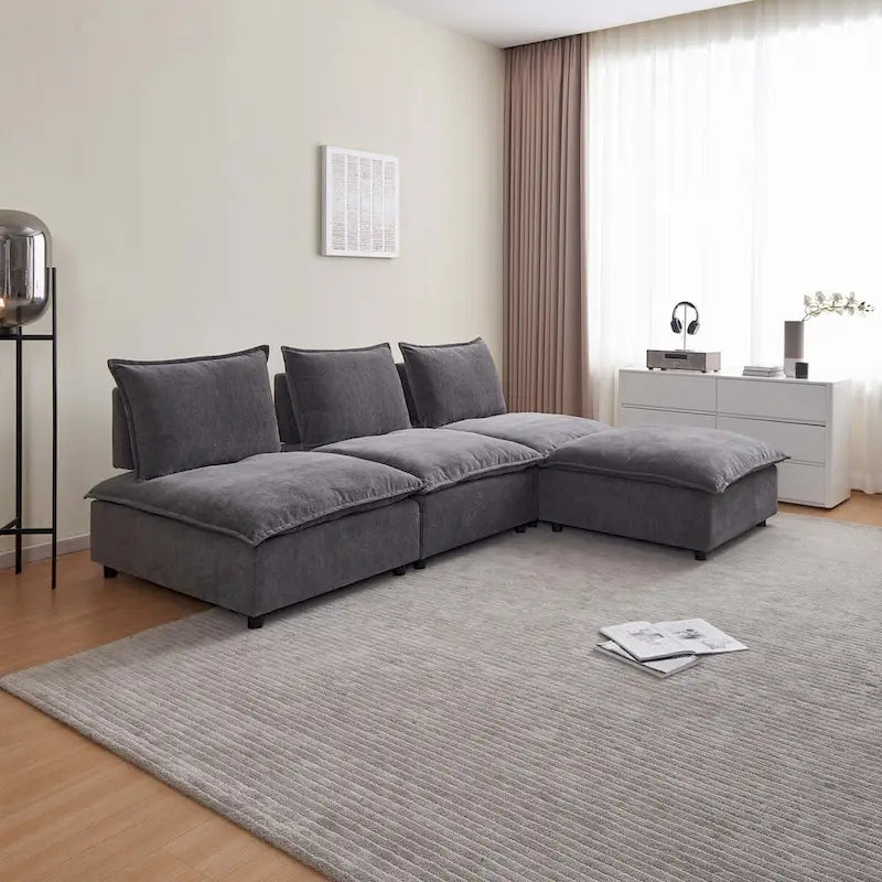 Fauteuil d'appoint sans accoudoirs en chenille orange/gris/vert/beige avec pouf, 1 place