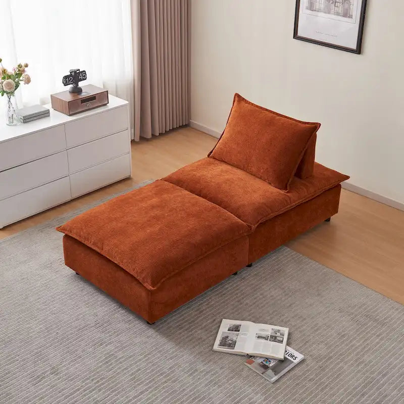 Fauteuil d'appoint sans accoudoirs en chenille orange/gris/vert/beige avec pouf, 1 place