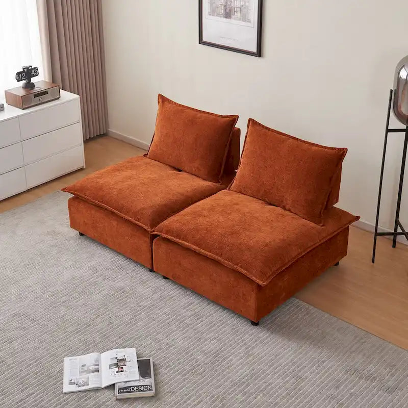 Fauteuil d'appoint sans accoudoirs en chenille orange/gris/vert/beige avec pouf, 1 place