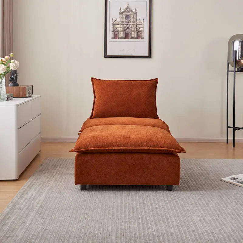 Fauteuil d'appoint sans accoudoirs en chenille orange/gris/vert/beige avec pouf, 1 place