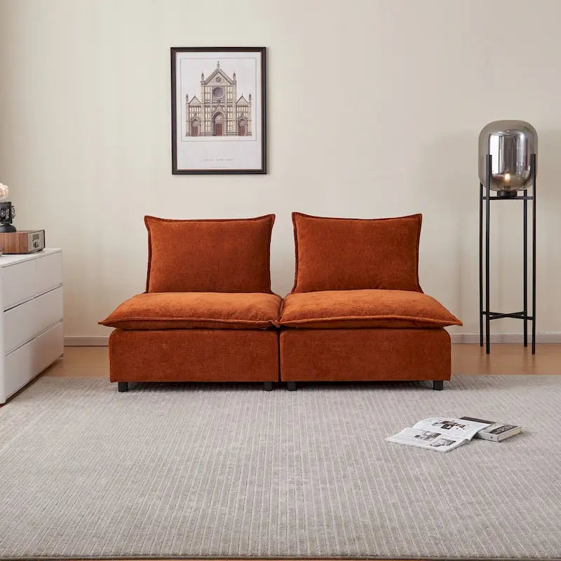 Fauteuil d'appoint sans accoudoirs en chenille orange/gris/vert/beige avec pouf, 1 place