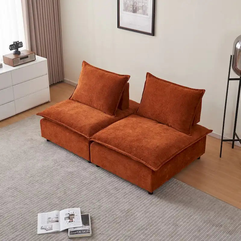 Fauteuil d'appoint sans accoudoirs en chenille orange/gris/vert/beige avec pouf, 1 place