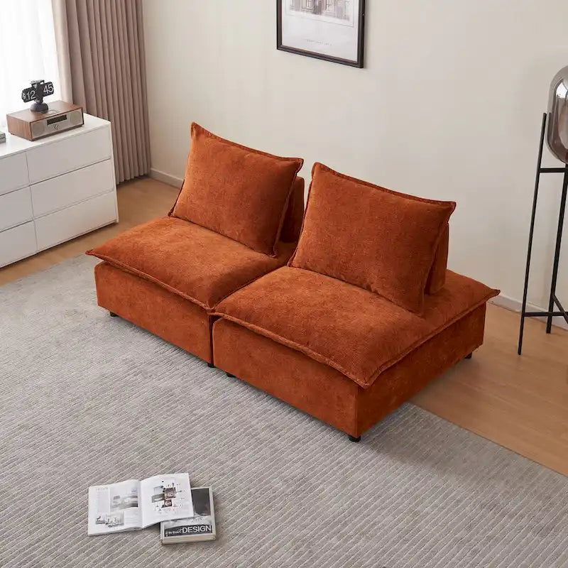 Fauteuil d'appoint sans accoudoirs en chenille orange/gris/vert/beige avec pouf, 1 place
