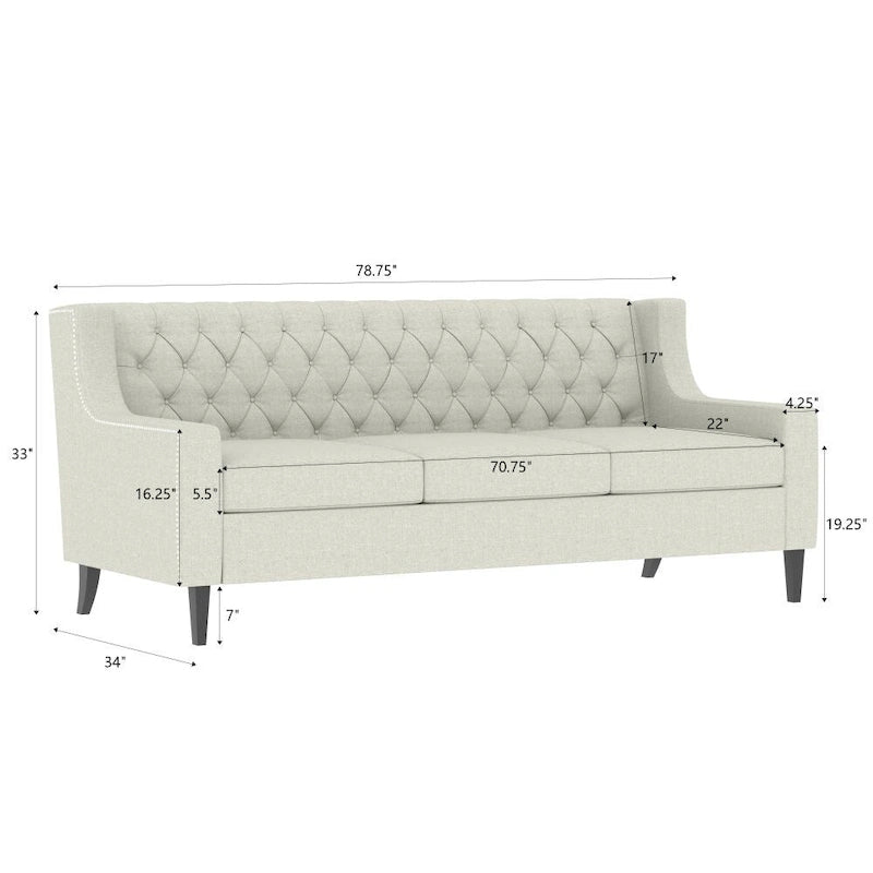 Canapé en tissu moderne du milieu du siècle, beige/gris, avec dossier capitonné, 3 places