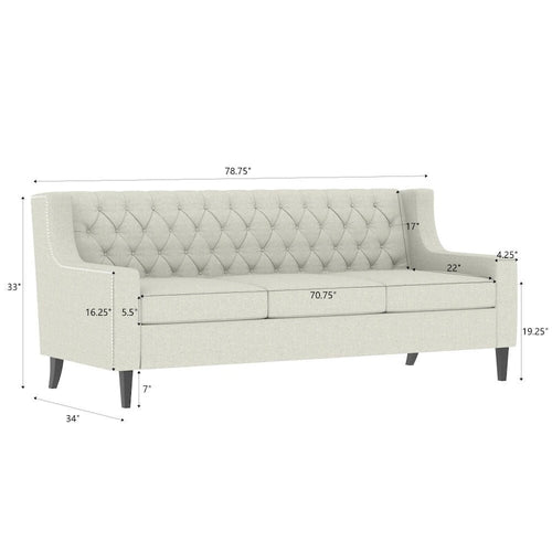 Canapé en tissu moderne du milieu du siècle, beige/gris, avec dossier capitonné, 3 places