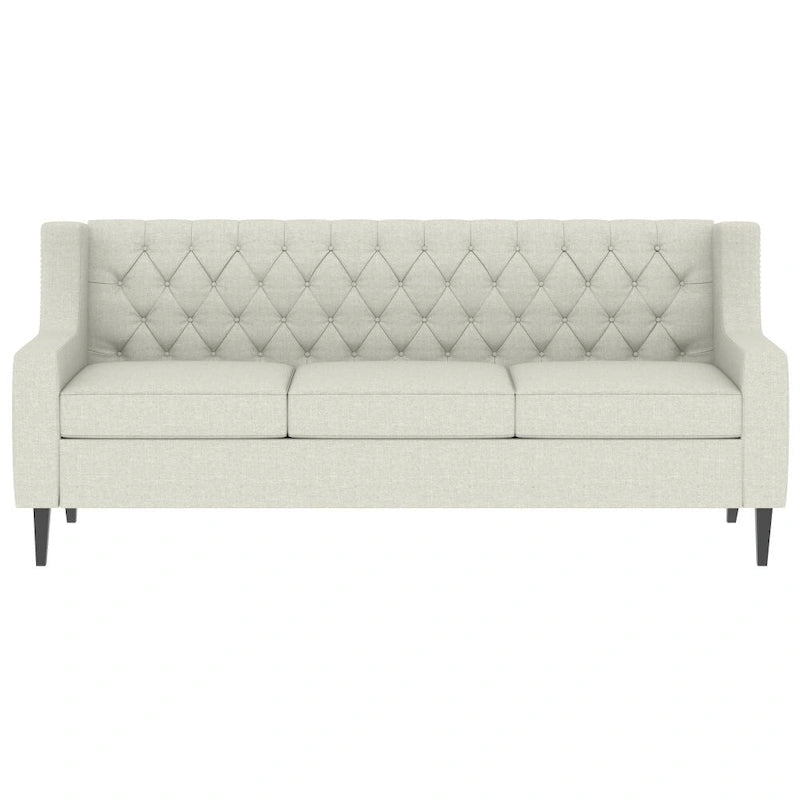 Canapé en tissu moderne du milieu du siècle, beige/gris, avec dossier capitonné, 3 places