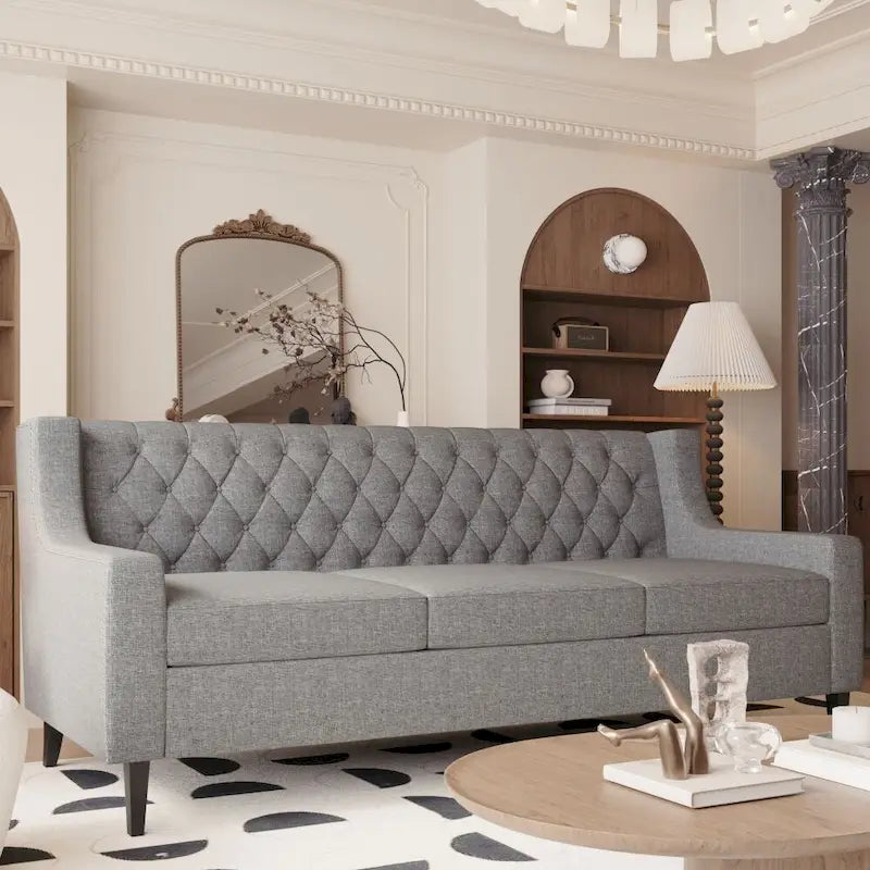 Canapé en tissu moderne du milieu du siècle, beige/gris, avec dossier capitonné, 3 places