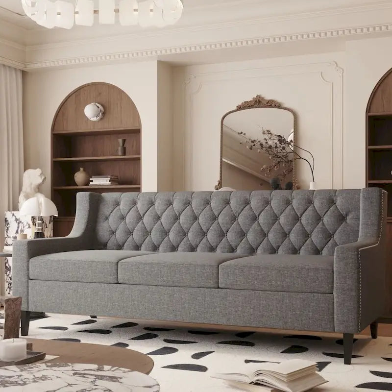 Canapé en tissu moderne du milieu du siècle, beige/gris, avec dossier capitonné, 3 places