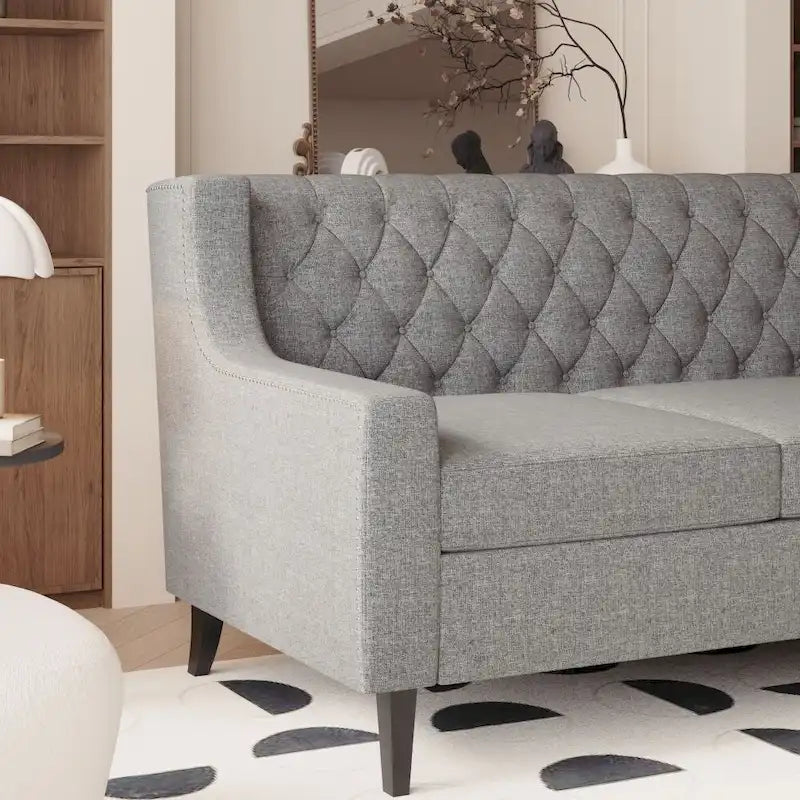 Canapé en tissu moderne du milieu du siècle, beige/gris, avec dossier capitonné, 3 places