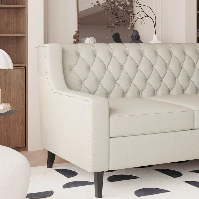 Canapé en tissu moderne du milieu du siècle, beige/gris, avec dossier capitonné, 3 places