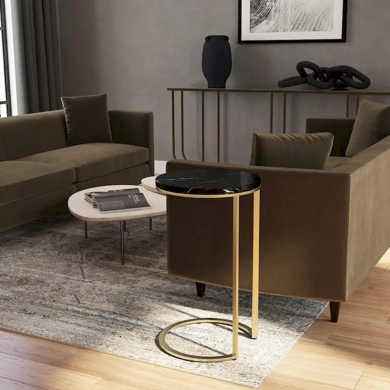 Table d'appoint à plateau en marbre noir avec base en acier inoxydable, montage par 1 personne