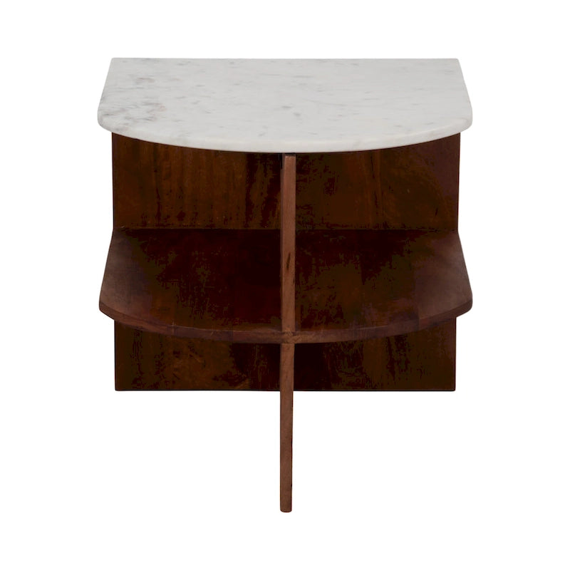 Table d'appoint demi-ronde marron, base en bois de manguier avec plateau en marbre, assemblage par 1 personne