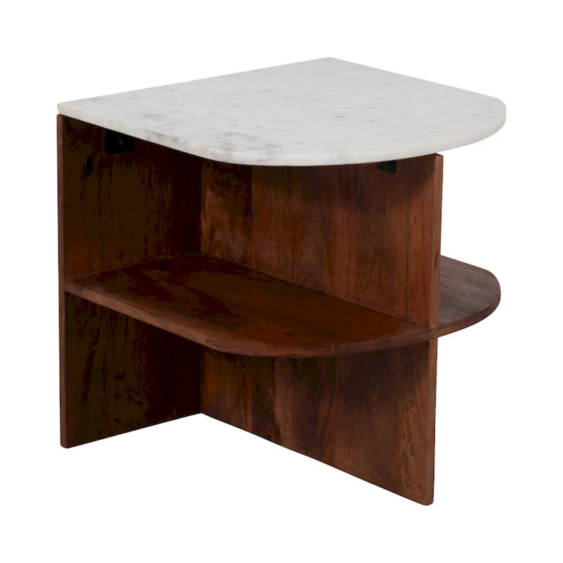 Table d'appoint demi-ronde marron, base en bois de manguier avec plateau en marbre, assemblage par 1 personne