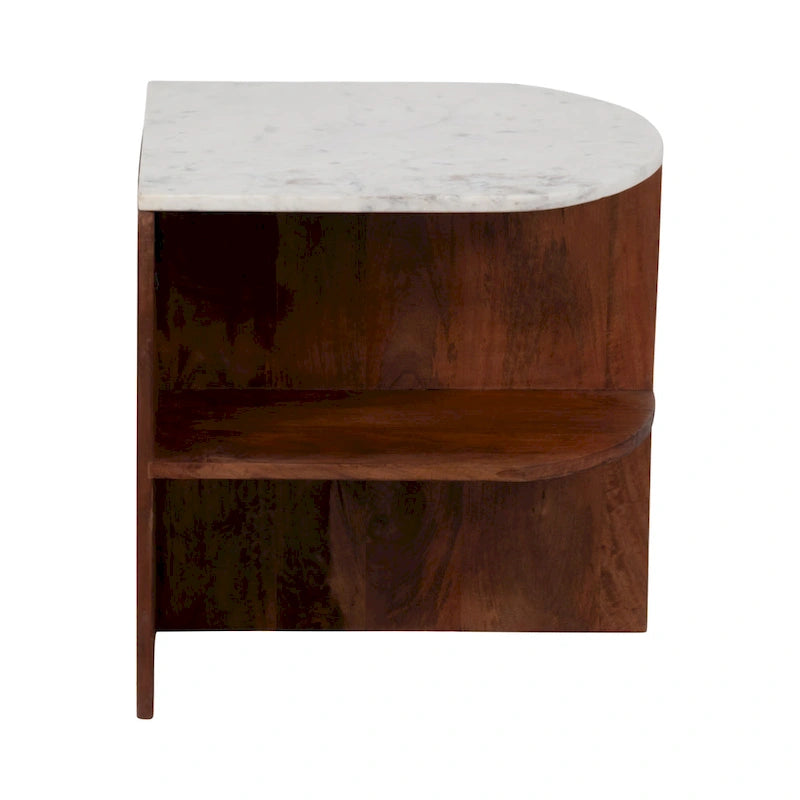 Table d'appoint demi-ronde marron, base en bois de manguier avec plateau en marbre, assemblage par 1 personne
