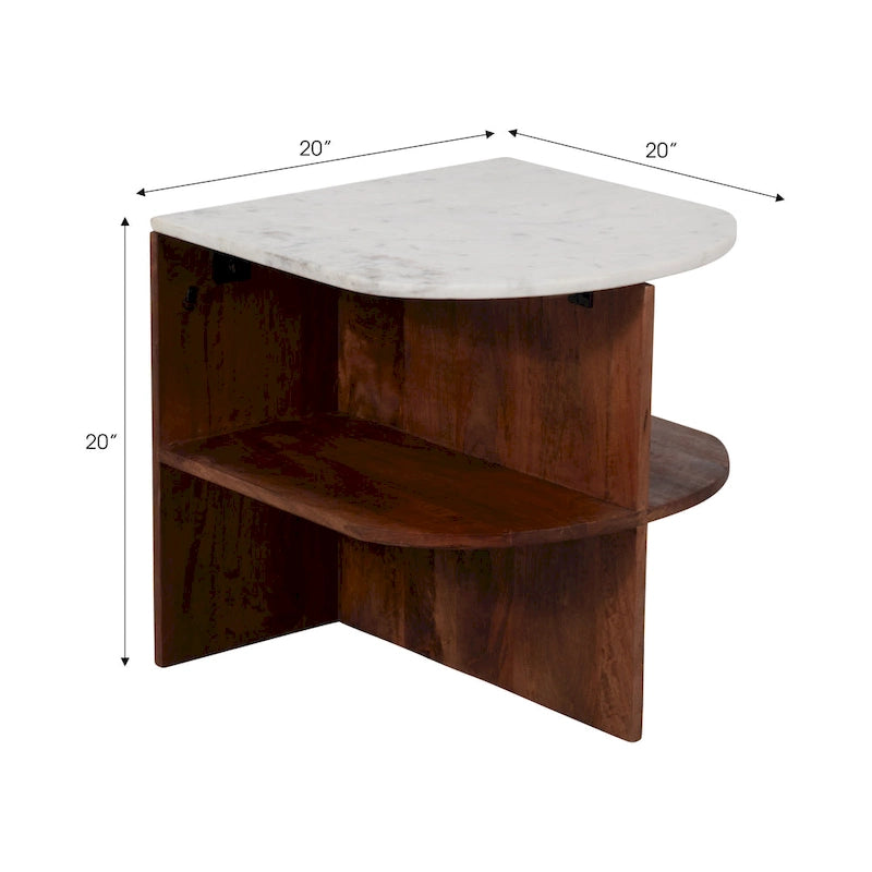Table d'appoint demi-ronde marron, base en bois de manguier avec plateau en marbre, assemblage par 1 personne