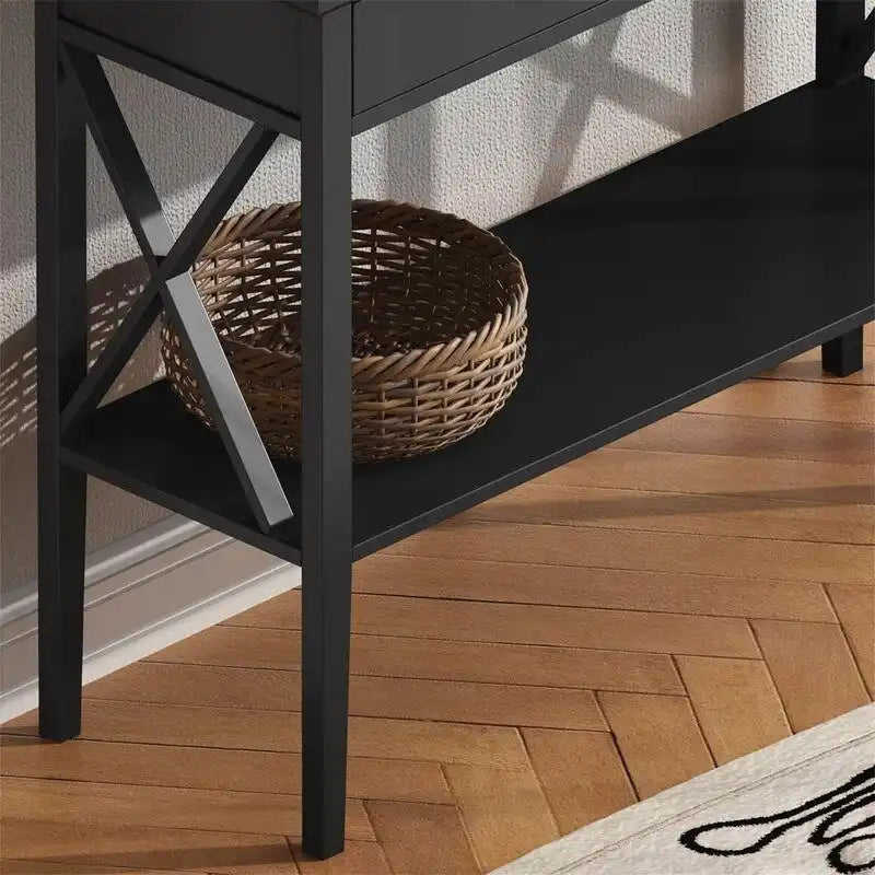 Console noire/blanche avec tiroirs et étagère centrale, montage par 1 personne